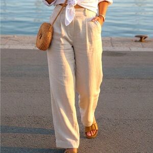 Lands End Linen Wide Leg Pants High Rise Beige Relaxed Summer 12P